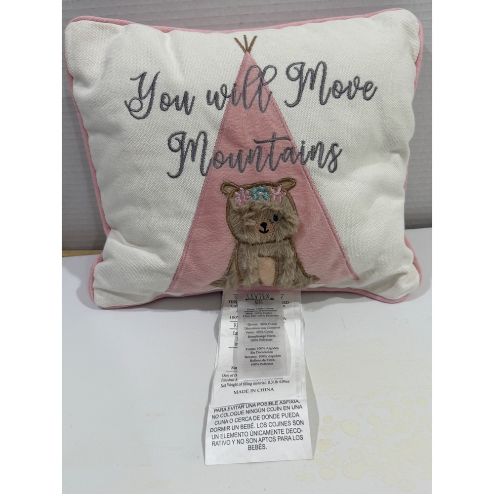 Decorative Pink/White Throw Pillow "You will Move Mountains" Levtex Kids 11.5sq